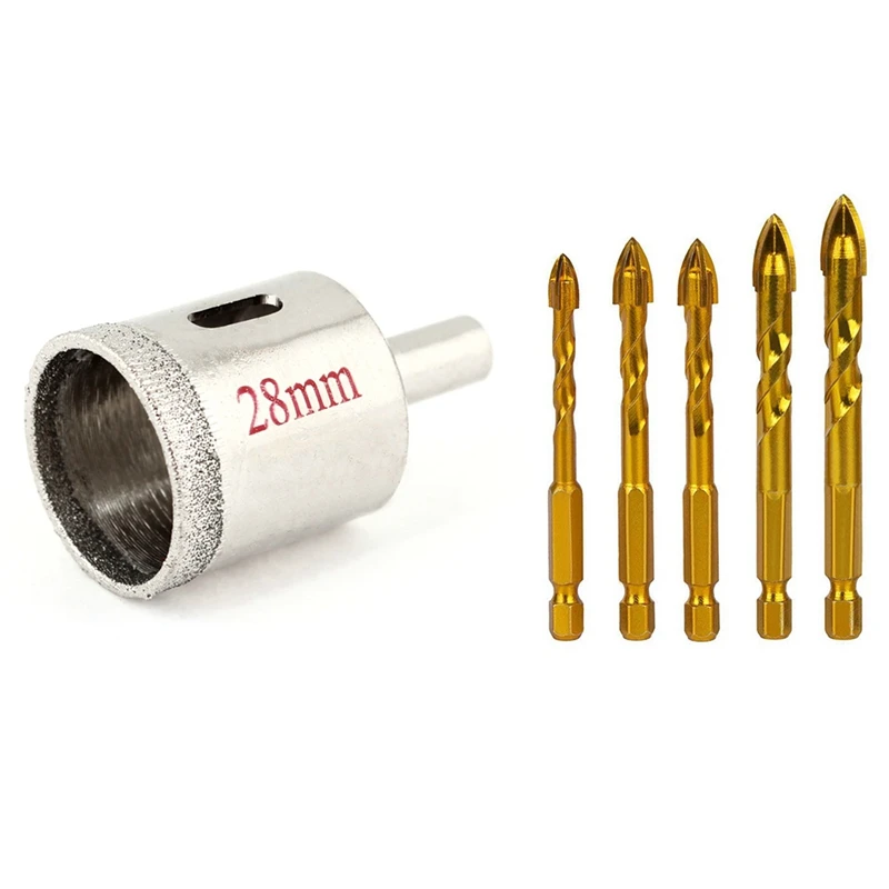 

Фрезы диаметром 28 мм с алмазным покрытием и спиральными сверлами 6/8/8/10/12 мм с шестигранным хвостовиком