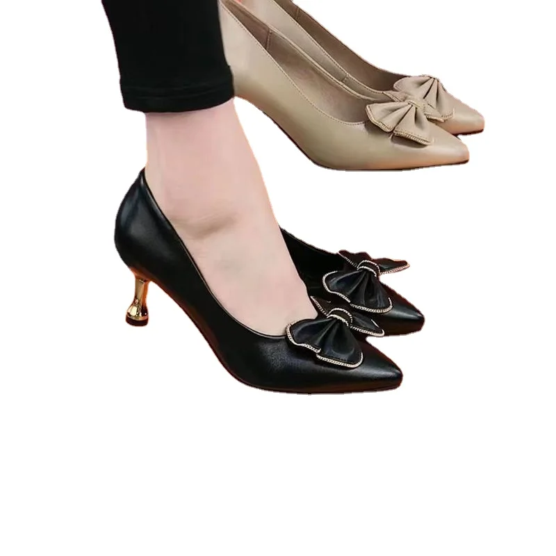 

Женские туфли на высоком каблуке, привлекательные и Удобные однотонные туфли с небольшим запахом и бантом, с острым носком, весна-осень 2023