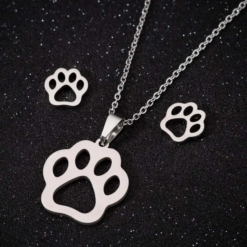 

TULX Stainless Steel Footprints Necklace Earring For Women Simple Hollow Cute Dog Cat Paw Necklace Earrings Jewelry Sets