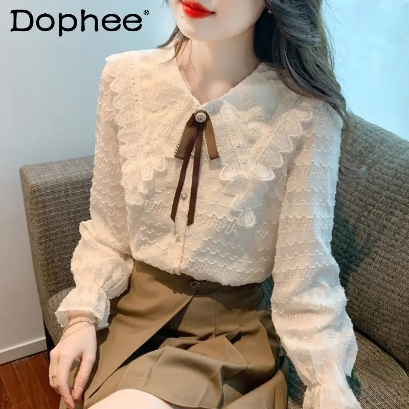 

2022 Fall Winter Doll Collar Shirt Women's Clothing New Top Lace Blouse Bottoming Undershirt Fleece Warm Blusas Flare Sleeve