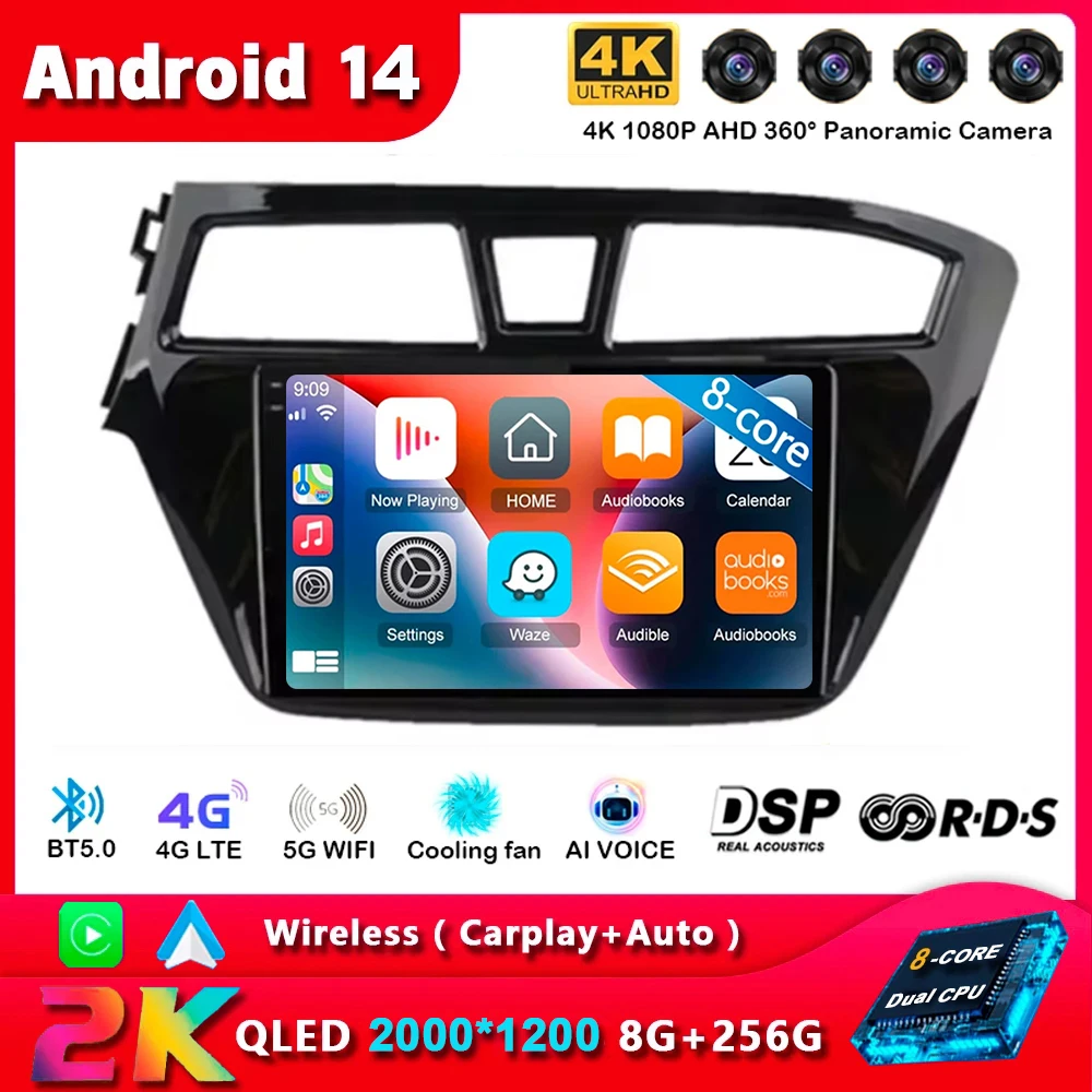 Автомагнитола Carplay 2DIN на Android 14 с поддержкой Wi-Fi и 4G для Hyundai I20 LHD 2015 2016 2017 2018