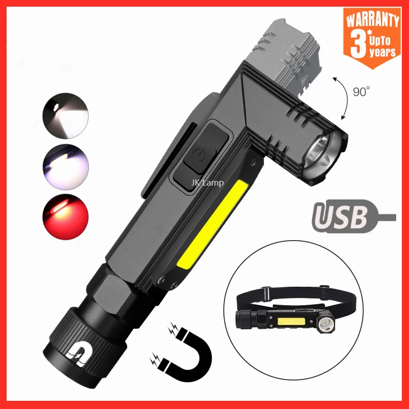 

Powerful Flashlight 90 Degree Twist Rotary Clip Rechargeable Super Bright 5 Modes LED Torch Hands Free Dual Fuel Camping