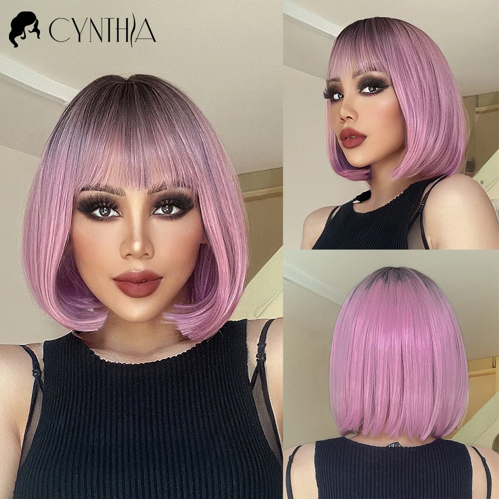 

Женский синтетический парик с короткой челкой, розовый парик для косплея