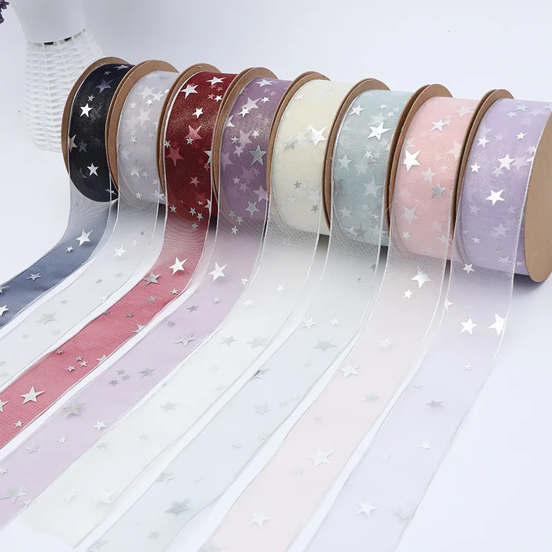 

5Yards Craft webbing Pentagram Printed Organza Ribbon for DIY Headwear Wedding Party Festive Event Decoration Gift Bouquet Wrap