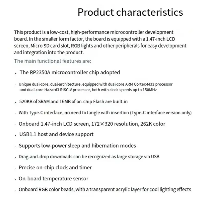 Фото Плата разработки Waveshare RP2350 с 1,47-дюймовым ЖК-дисплеем Cortex-M33, RGB-подсветкой, 172x320, 16 МБ Flash, LCD-1.47 USB №3