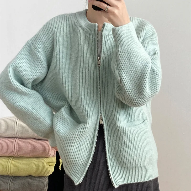 

Double Zipper Solid Color Design Feeling Sweater Cardigan for Women 2023 Autumn Winter New Korean Loose Casual Knit for Women