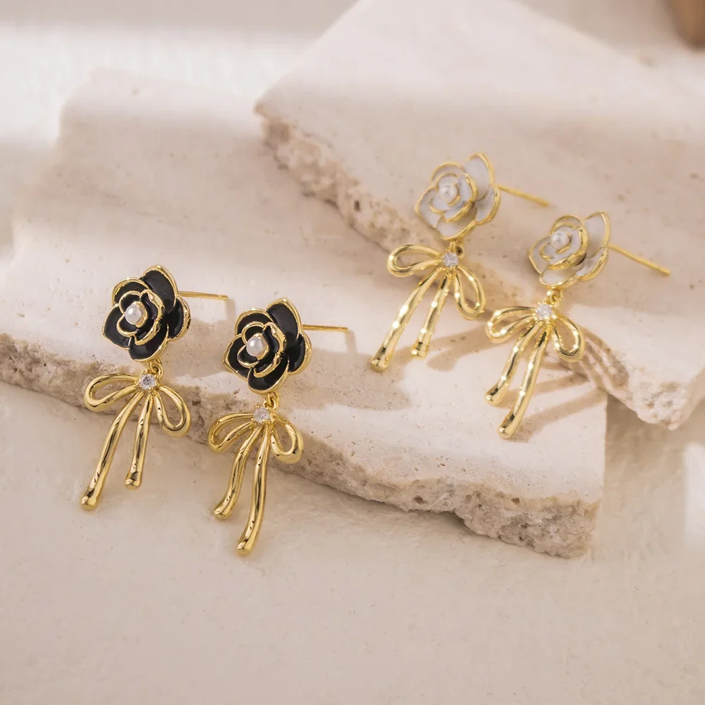 Elegant High-End Pearl Camelliabow Earrings Light Luxury Simple French Niche Fashionable Ear Decorations For Women