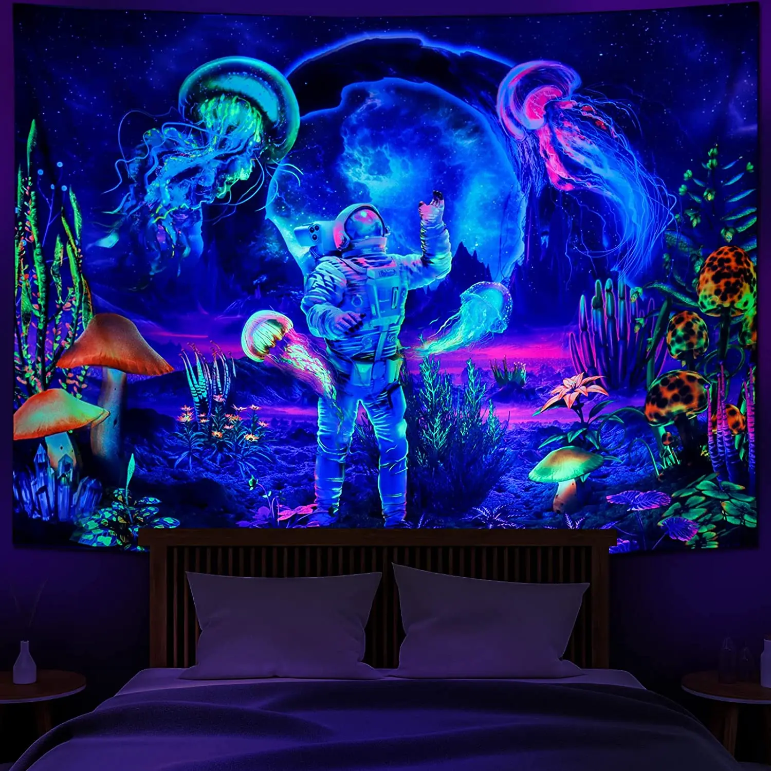 Blacklight Astronaut Tapestry UV Reactive Fantasy Plants Jellyfish Wall Hanging Neon Galaxy Space Room Aesthetic Art Decoration