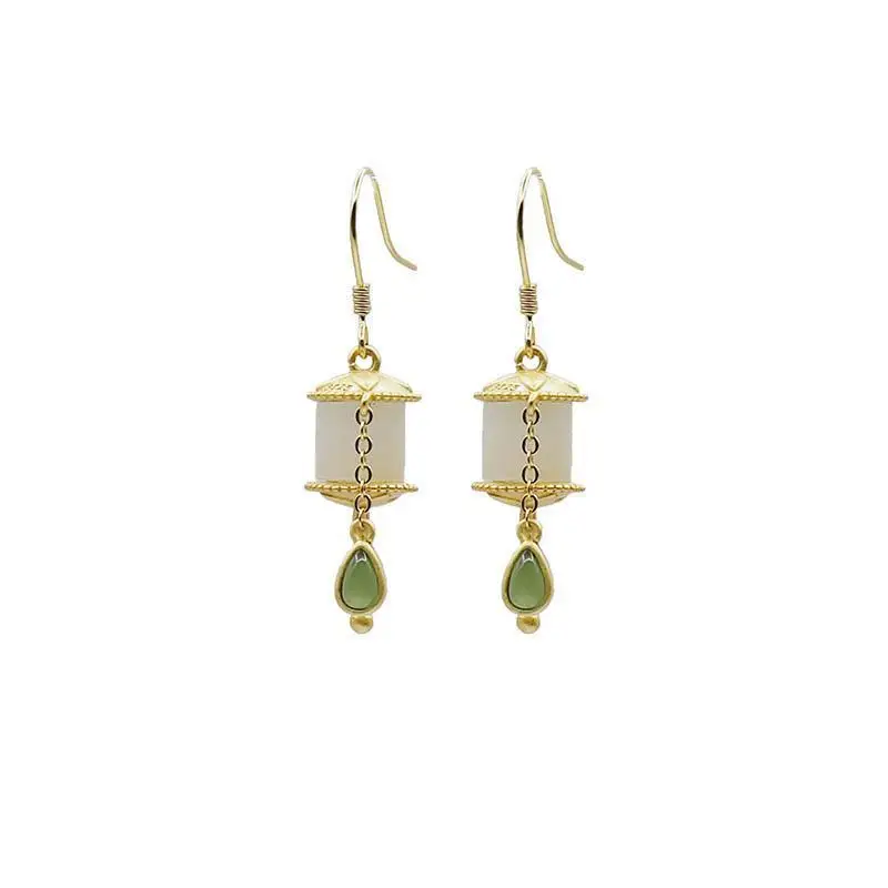 

Natural Hetian Jade Prayer Wheel Earrings 925 Silver Tassel Jasper Earrings