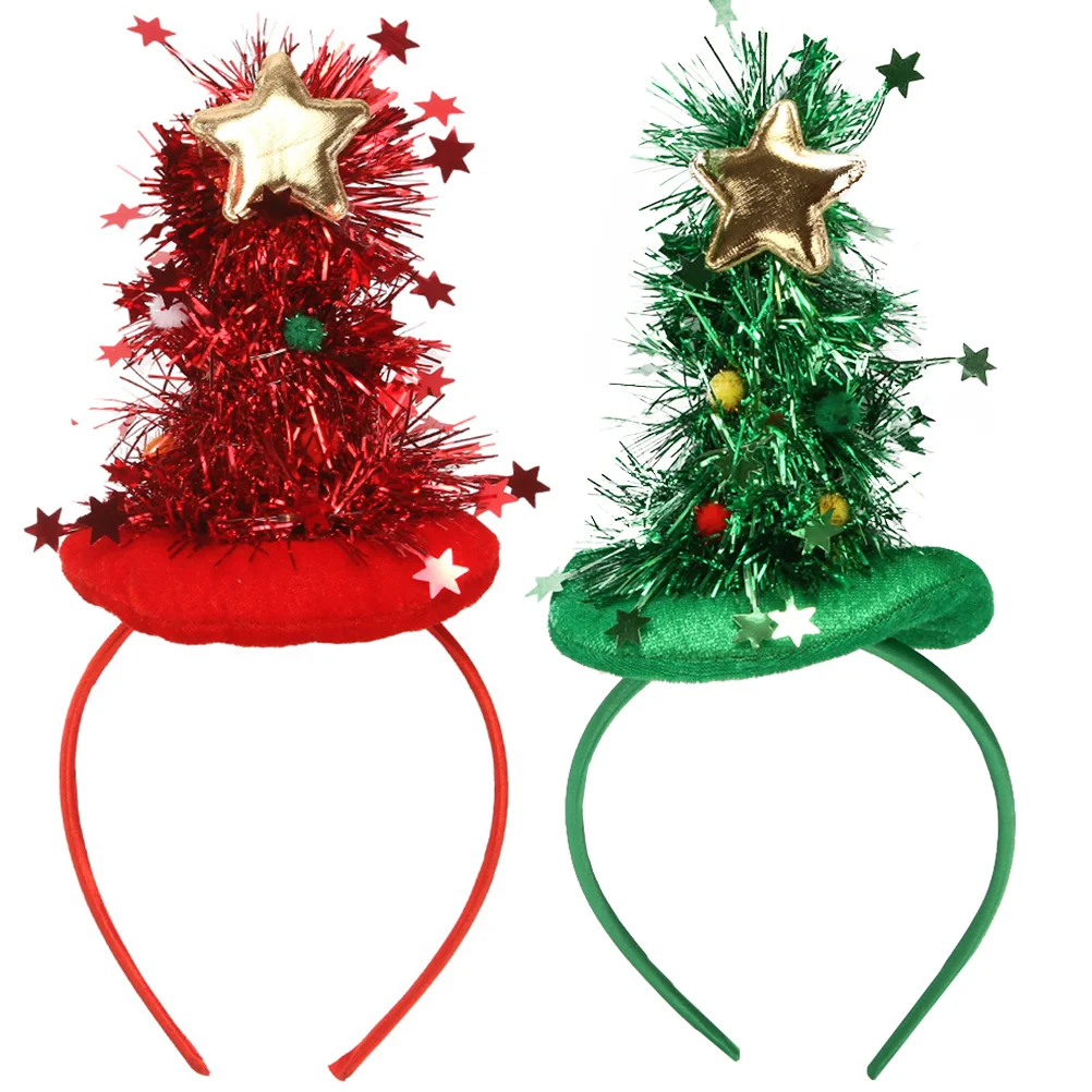 

2 Pcs Christmas Tree Headband Child Pom Headpiece Sequin Silk Xmas Hair Decorations