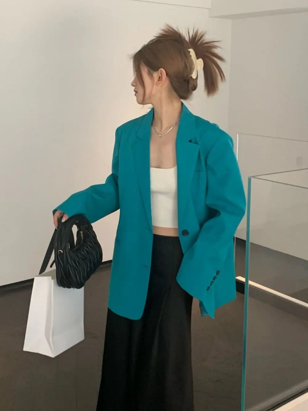 Lake blue Loose Blazers For Women Notched Collar Long Sleeve Single Breasted Spring Casual Fashion Suits Jacket Female Clothing