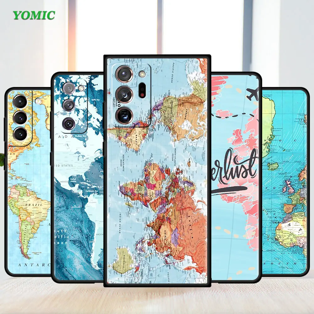 

Shockproof Case for Samsung Galaxy S20 Fe S21 S22 Ultra Note 20 10 Phone Coque S10 S9 Plus S8 Black Soft Capa World Map Travel