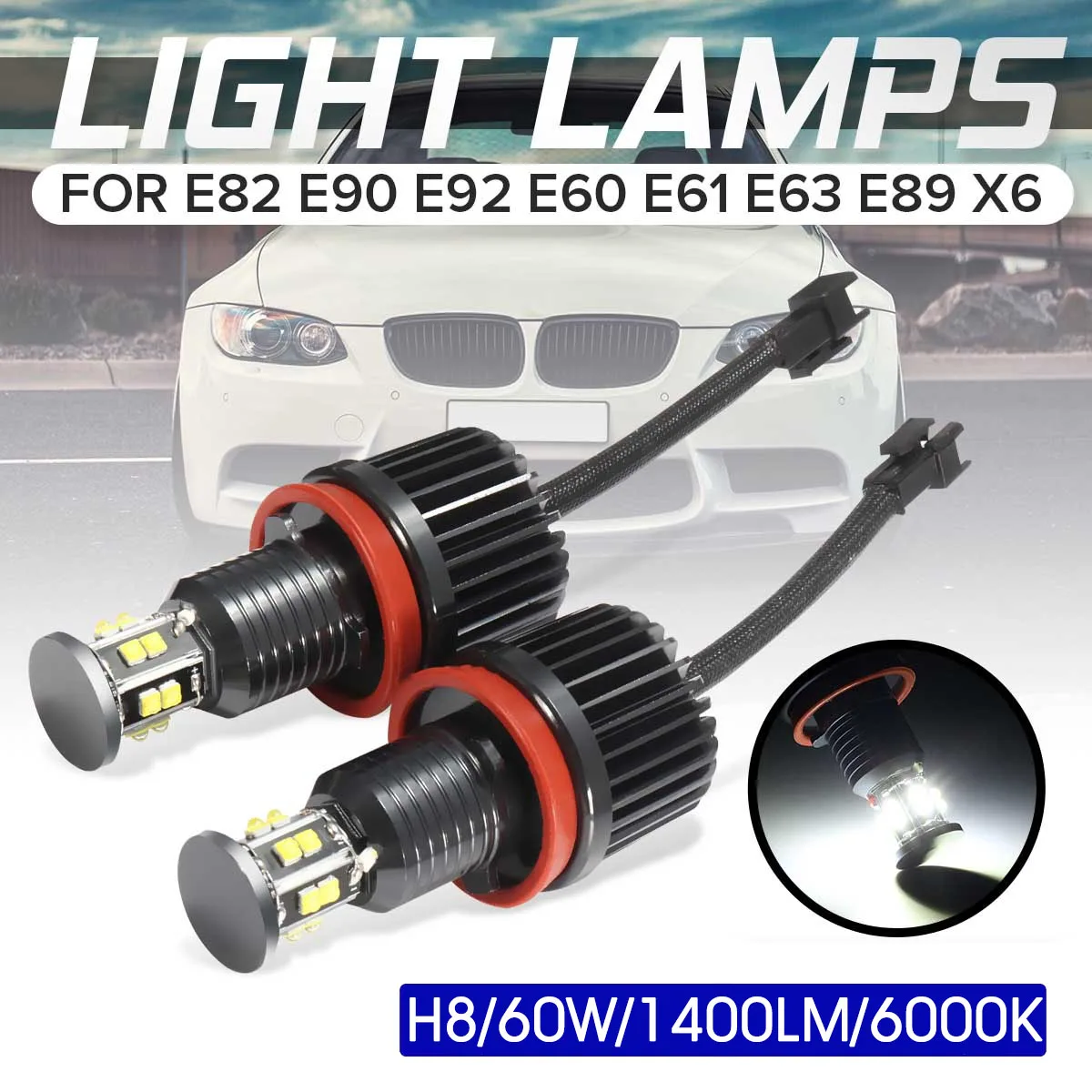 

2Pcs 120W H8 LED Angel Eye Halo Ring Light Bulb Xenon White 6000K Headlight For BMW E82 E90 E92 E60 E61 E63 E89 X6 Accessories