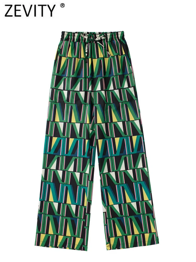 

Zevity Women Vintage Color Match Geometric Print Straight Pants Female Chic Elastic Waist Lace Up Trousers Pantalones Mujer P194