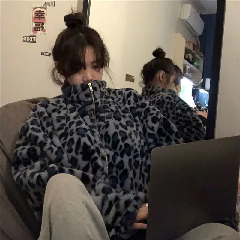 Women's Pink Leopard Print Stand-up Collar Sweater Faux Plush Hooded Cardigan Zipper Coat Animal Print Top Female Student New