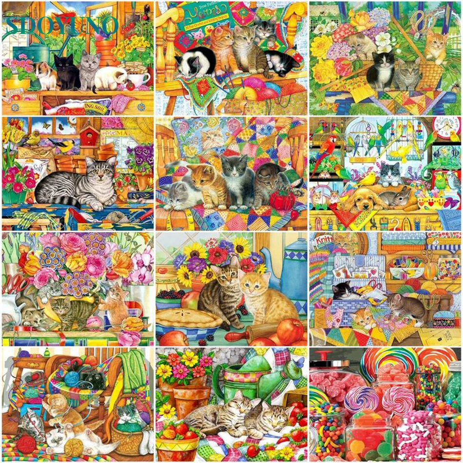 

SDOYUNO Painting By Numbers Flower Cat DIY Oil Paint By Numbers Animal Drawing Canvas Hand Painted Picture For Home Wall Decor