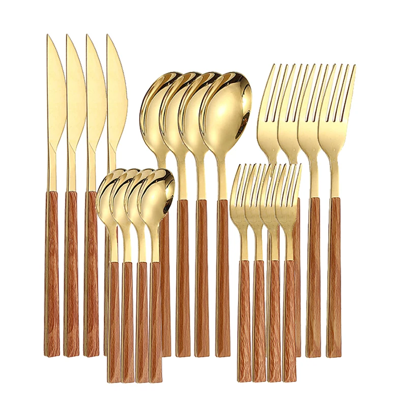 20 Pcs Stainless Steel Cutlery Dining Table Set Golden Tableware Set Dinnerware Set Imitation Wooden Adult Utensils Dropshipping
