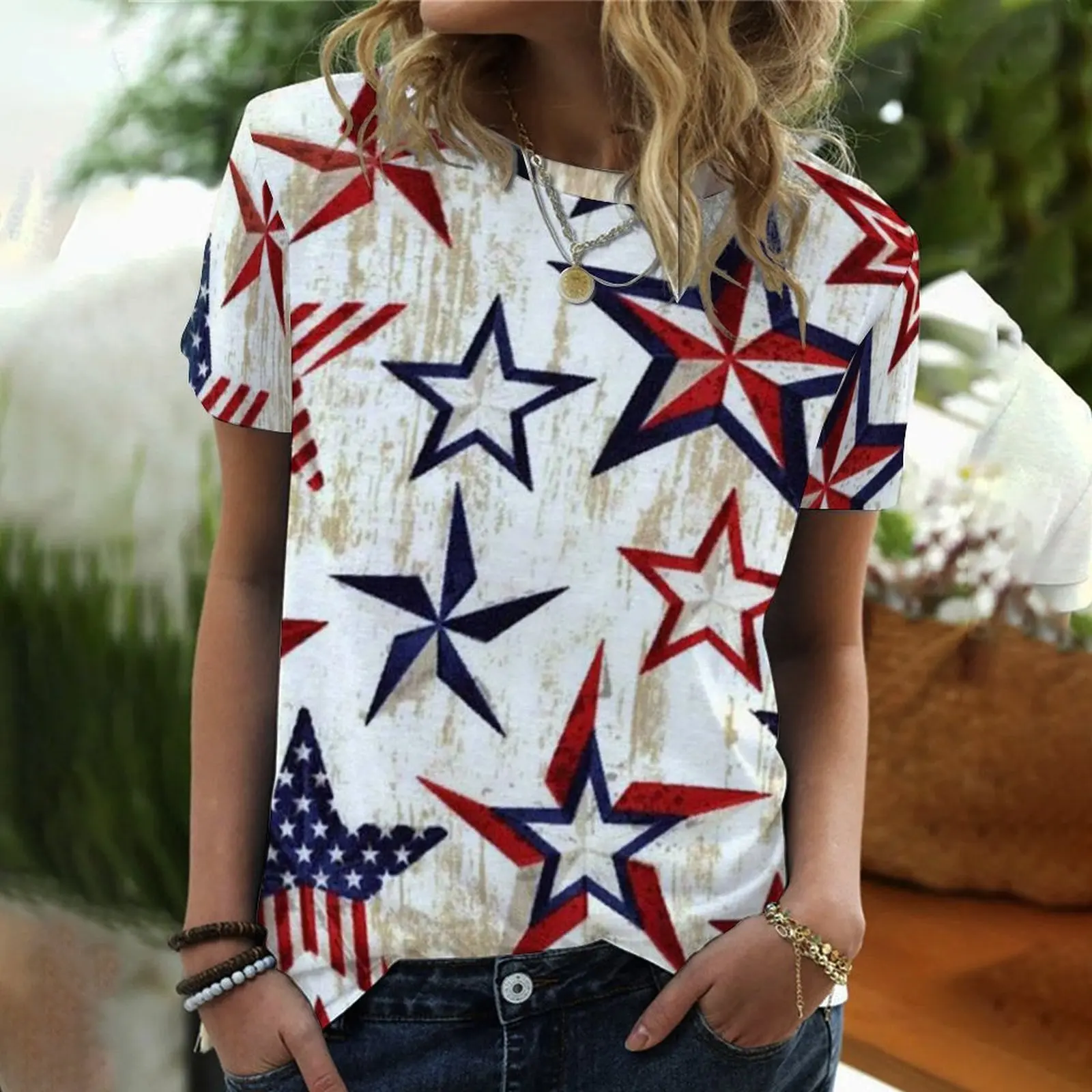 

Новая футболка с американским флагом и 3D принтом звезд, женская летняя повседневная свободная футболка с круглым вырезом и коротким рукаво...