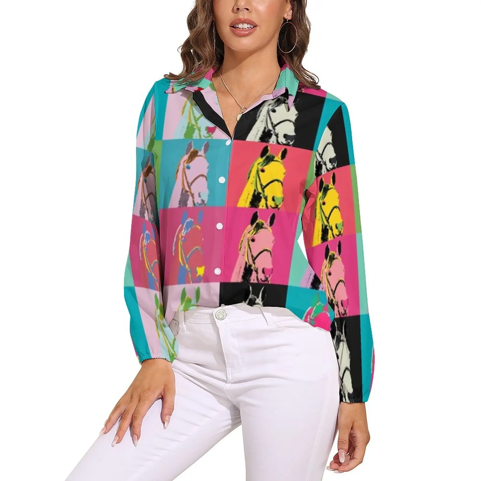 Colorful Horse Art Blouse Long-Sleeve Lady's Secret Horses Racing Vintage Blouses Female Street Wear Oversized Shirts Summer Top