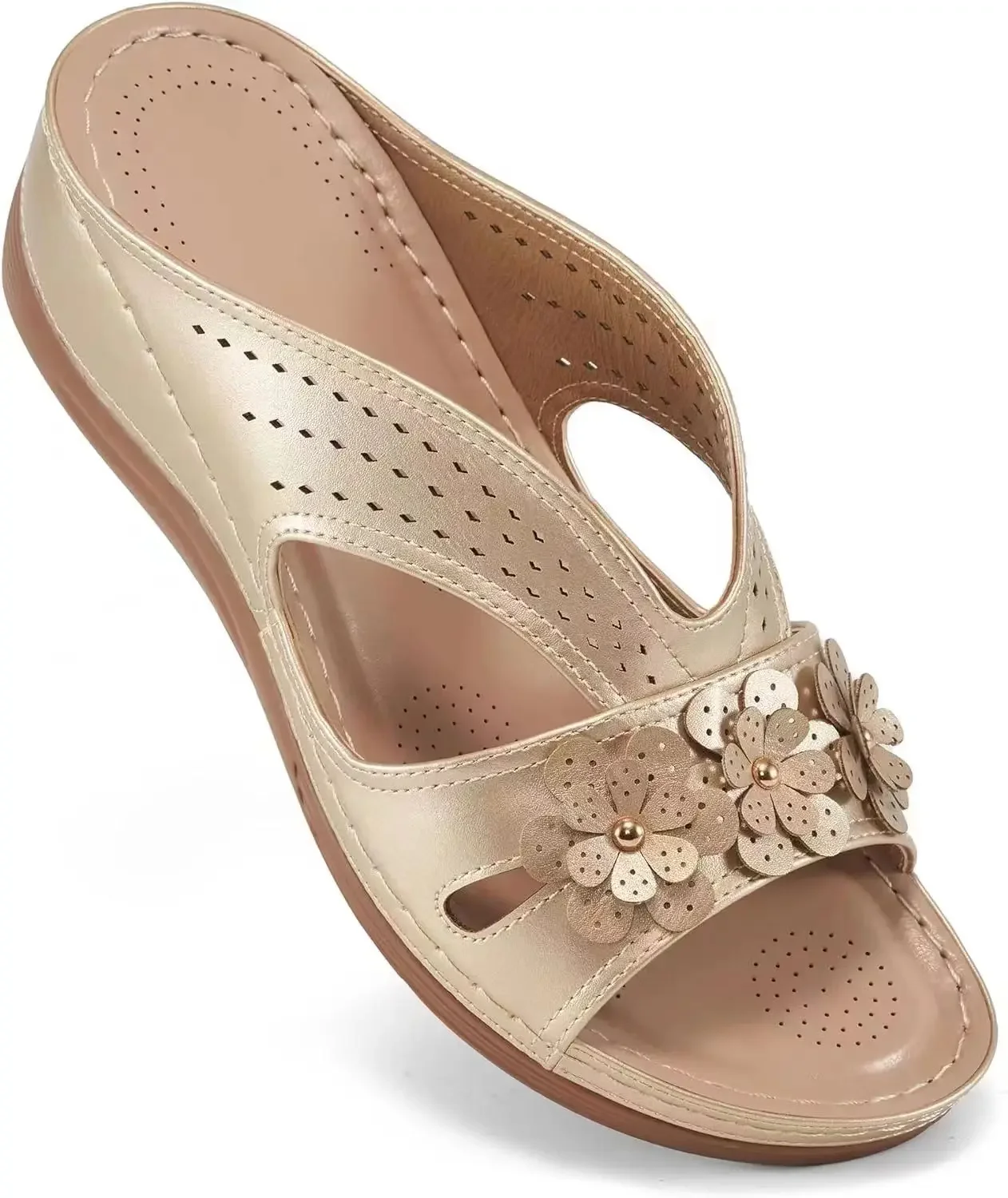 Новые женские тапочки повседневная пляжная обувь на танкетке с цветочным