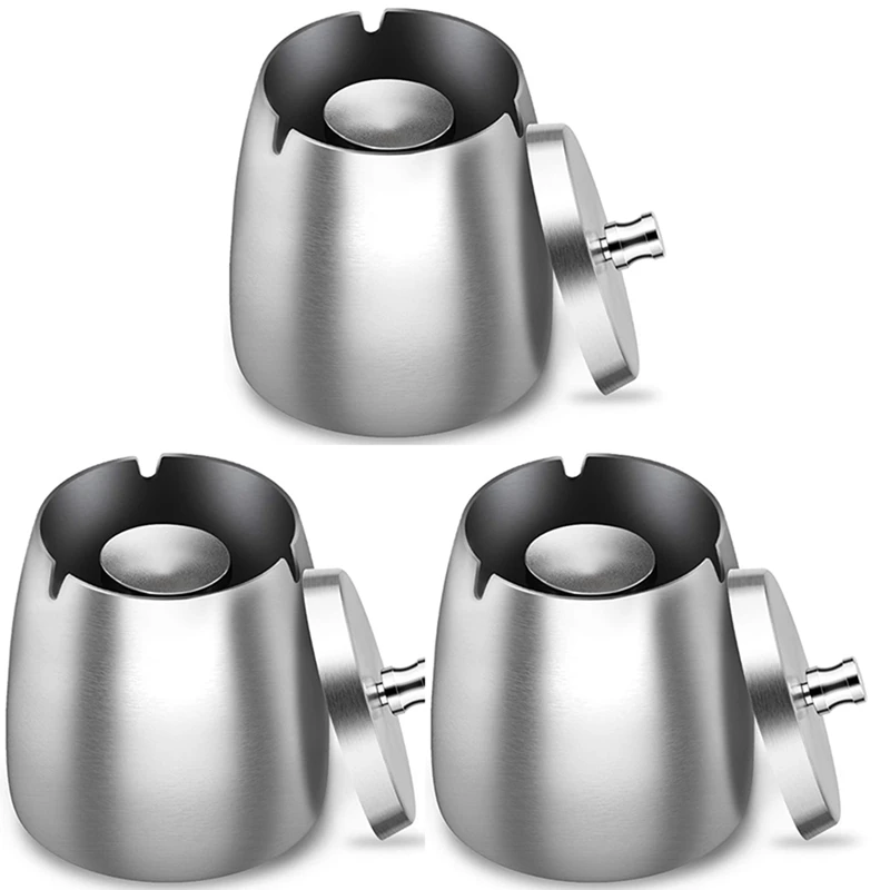 

3X Ashtray Stainless Steel with Lid Heavy Ashtray Storm-Wind Non-Slip Base for Outside and Inside Silver