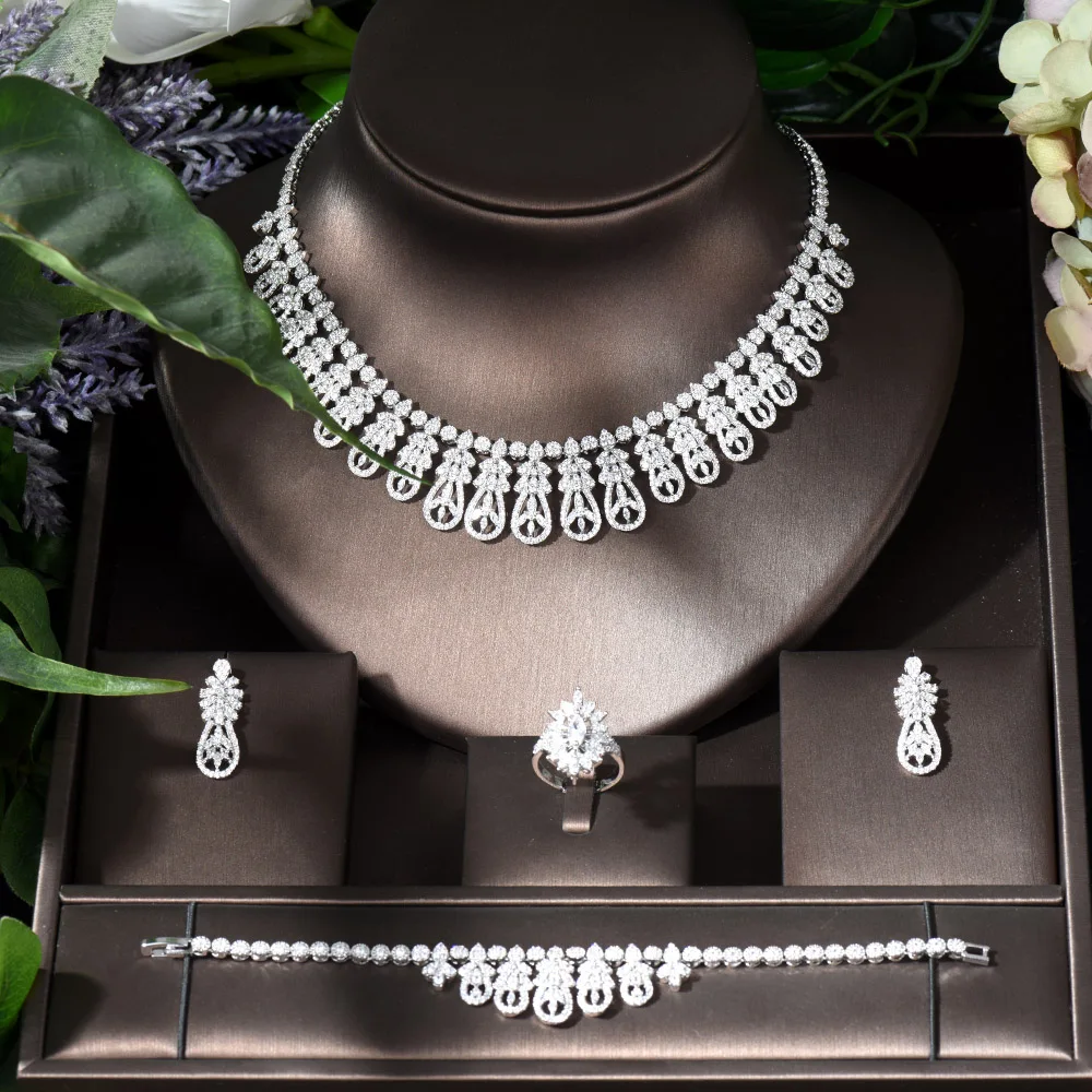 Fashion Full CZ Statement Engagement Wedding Jewelry Sets for Women Luxury Bridal Dubai Nigerian Necklace Earring Set N-1187