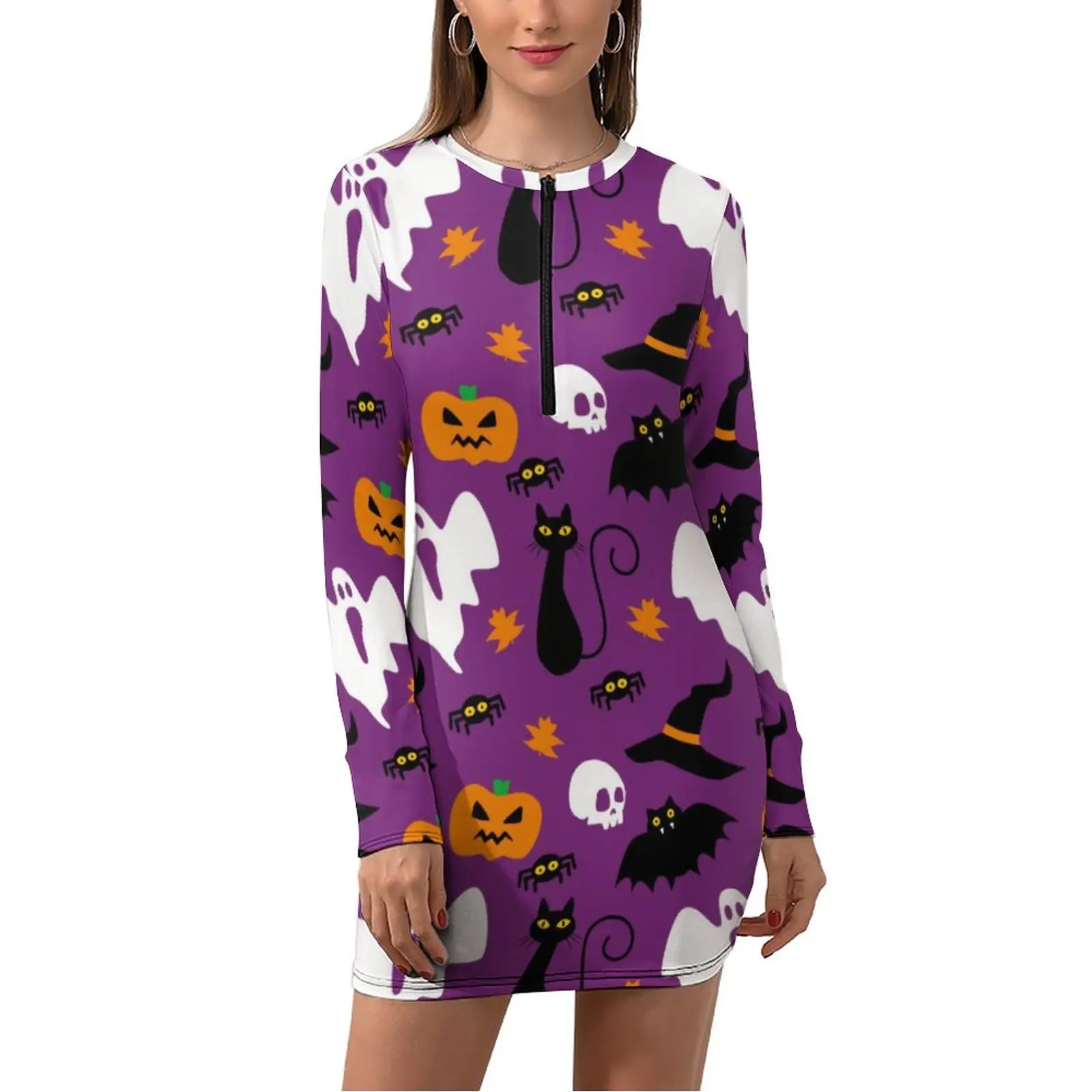 

Spooky Ghost Dress Ladies Cute Halloween Print Street Bodycon Dress Holiday Long Sleeve Kawaii Dresses Trendy Oversized Vestido