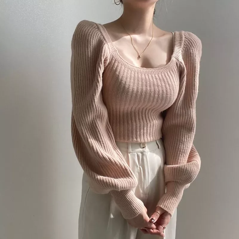 

Knitted Women's Pink Sweater Vintage Pullover Cute Long Sleeve Square Neck Top Korean Fashion Style Autumn Winter 2022 Cloth