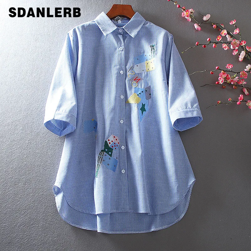 

Korean Style Mid-Length Cotton Loose Shirt Casual Mid-Sleeve Embroidery Slimming Stripes Lapel Blouse Women's Top Summer