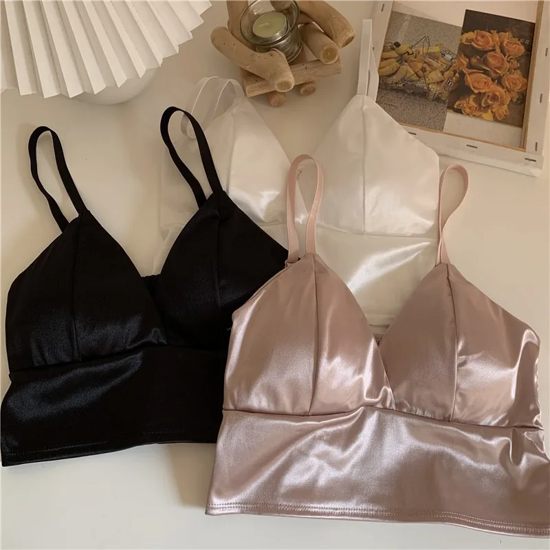 

Pleated Ice Silk Halter Tank Top Breast Wrap Bra Sexy Satin Tank Top Women's Wireless Bra Tank Top