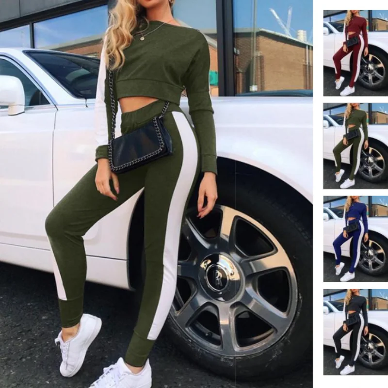 

Brand New Women Casual Set Tracksuit Patchwork Sexy Sports Hoodies and Sweatpants Two Piece Set Female Clothing