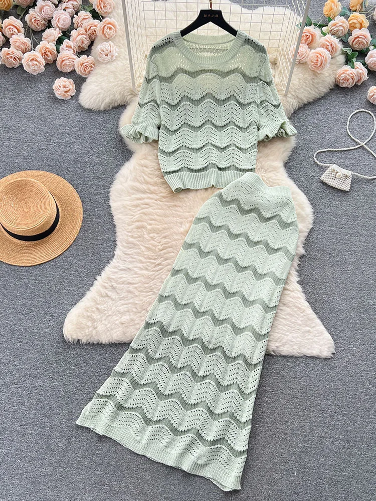 

Women Summer Dress Sets Fashion Knitwear Set French Retro Round Neck Short Sleeved Top+high Waisted Slim Wrap Hip Skirt D4156