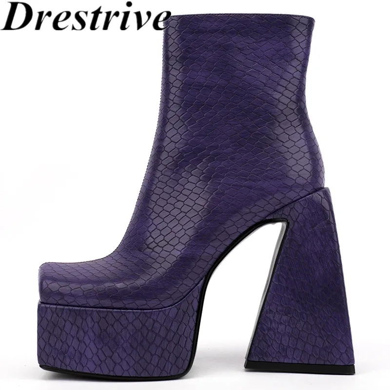 

Drestrive Fashion Women's Ankle Boots Pu Leather High Heel Square Toe Zipper Platform Plus Size 44 Snake Pattern