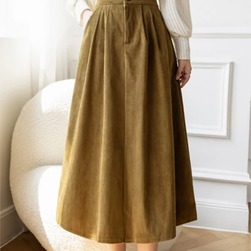 

SEPARQI Corduroy Midi Skirt For Women 202 Autumn Winter Korean Elegant Solid A Line Elastic High Waist Long Skirt Female Velvet