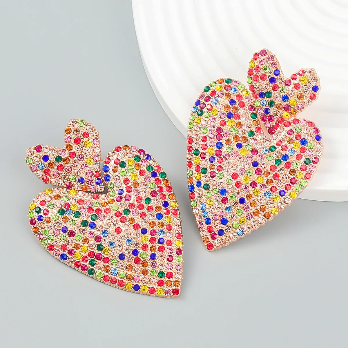 Luxury Bling Colorful Rhinestone Heart Earrings for Women Exaggerated Crystal Dangle Earrings Statement Jewelry Pendientes Gifts
