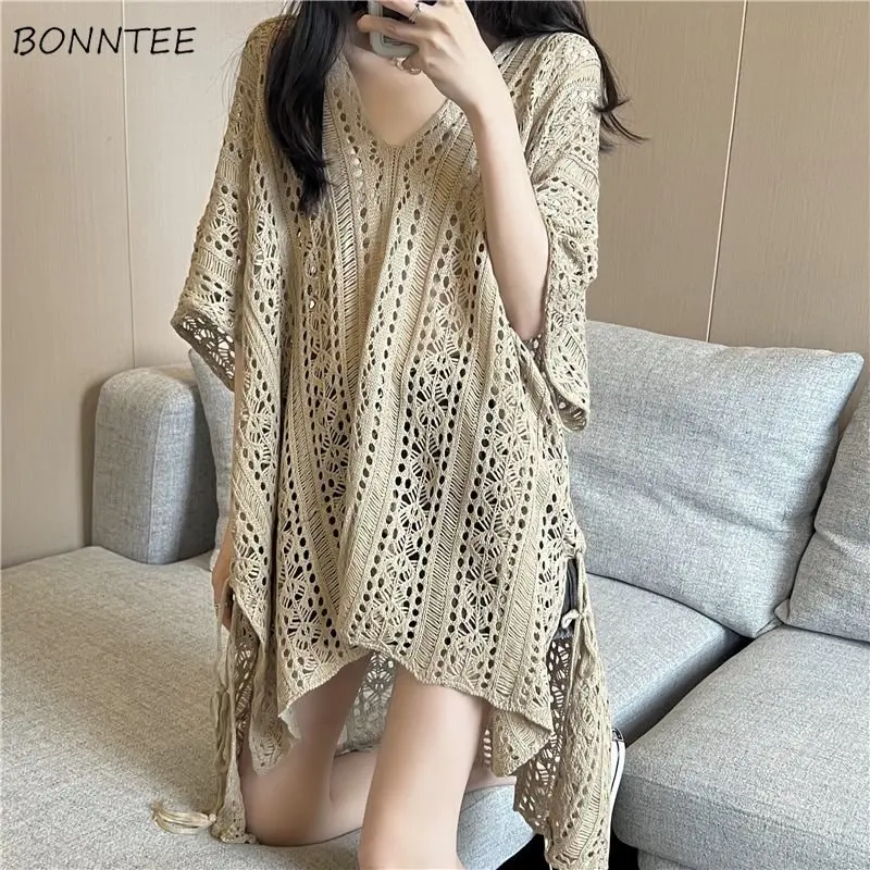 

S-6XL Pullovers Women Hollow Out Irregular Loose Holiday Summer Fashion Thin Sweaters V-neck Unique Elegant Solid French Style