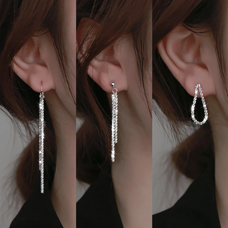 

Sparkling Silver Color Tassel Drop Earrings for Women Elegant Stud Earrings 2022 Trendy Party Wedding Collar Jewelry Gifts
