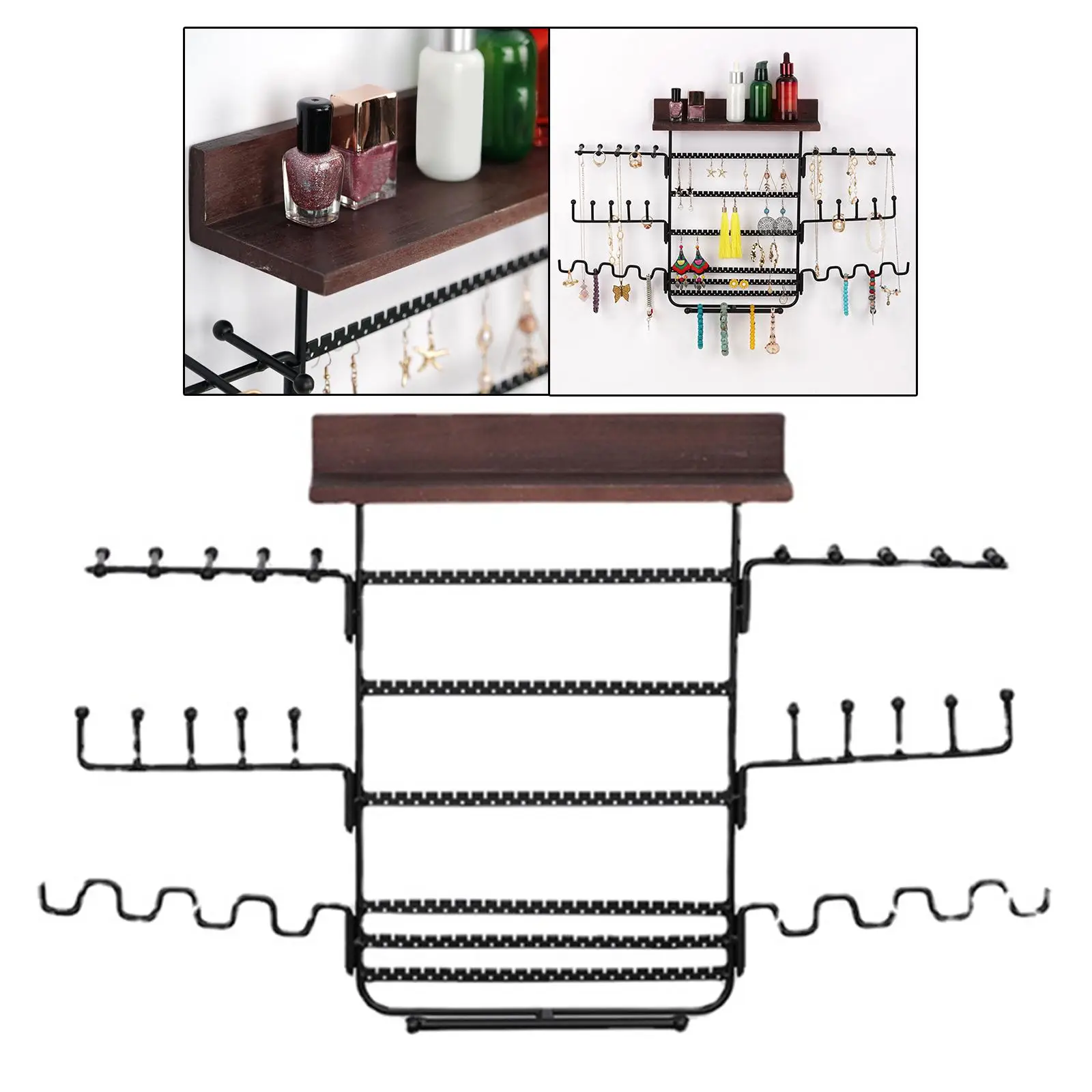 

Wall Mounted Jewelry Organizer 6 Rows Earring Slots Wood Base Trinket Holder Display for Necklaces Makeup Gift Jewelry Storage