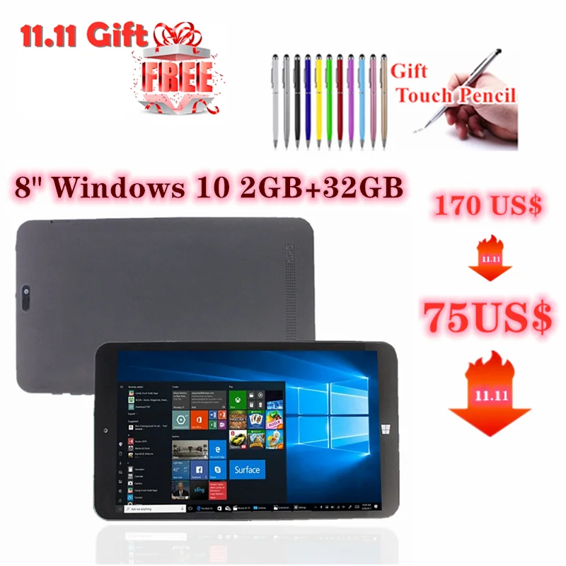 

Ready Stock Hot Sales 8 Inch Tablet 2G RAM+32GROM V64 Windows 10 Dual Cameras Free Touch Pen Quad Core WIFI