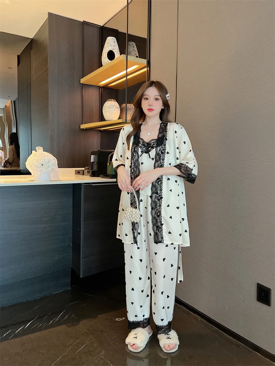 

White Satin Pajamas Pour Femme Nightgown Women Print Sleepwear V-Neck Kimono Robe Gown With Sling&Trousers Sexy Home Clothes