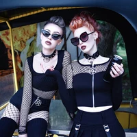 chic goth gothic zipper hollow out hole net punk moto biker sexy club long sleeves short cropped t shirt tops streetwear fashion