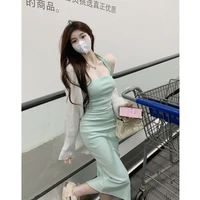 pure sexy girls strapless pleated dress summer 2022 new sexy neck hanging backless slim fitting hip wrapped long skirt women
