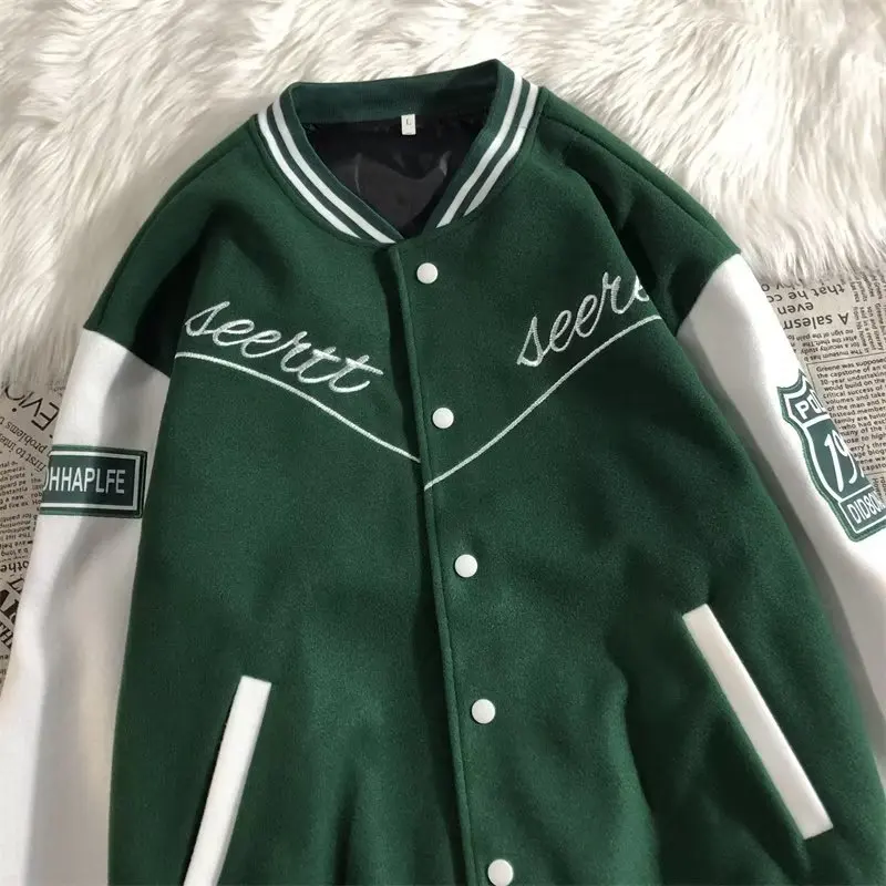 

Streetwear Hip Hop Harajuku Baseball Uniforms American Street Autumn Winter Men Women Fashion Jacket Retro Green Couples Coats