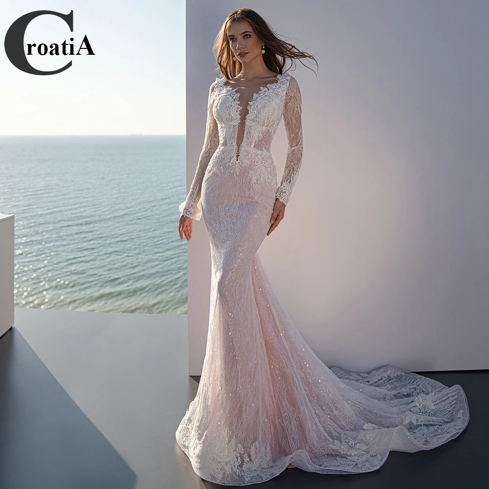 

Croadia Sparkly Wedding Dresses New Vestido De Noiva Lace Mermaid Elegant Train Gelinlik Dubai Bridal Engagement Robe Mariee