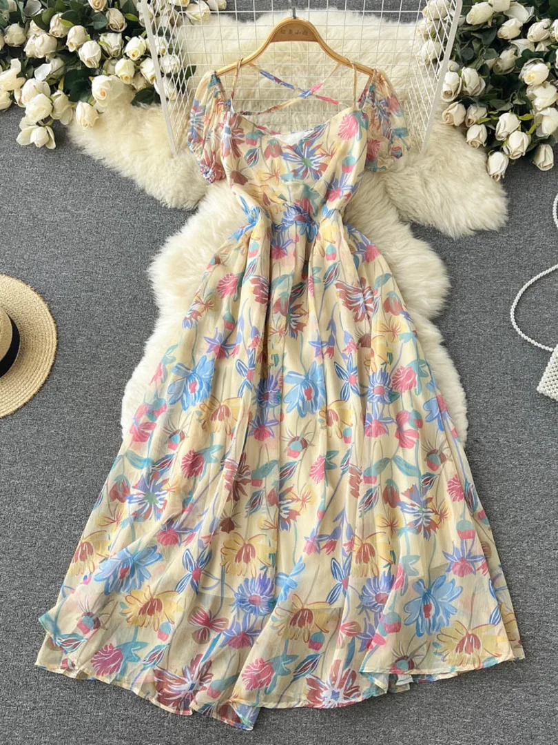 

Женское платье-макси с цветочным принтом, Длинное Элегантное платье-трапеция в стиле бохо с коротким рукавом, поясом и открытой спиной, Пляж...