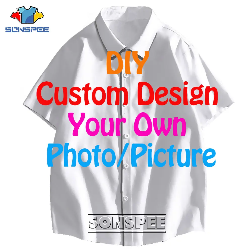 SONSPEE DIY Custom Design Button Shirt 3D Print Short Sleeve Women Men's Casual Oversize Coat Clothes Suppliers For Drop Shipper