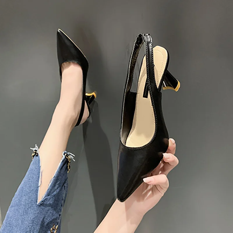 

Women Summer Shoes 2023 New Fashion Pointed Toe Stiletto Medium Heel High Heels Women Back Empty Toe Sandals black Women's Shoes