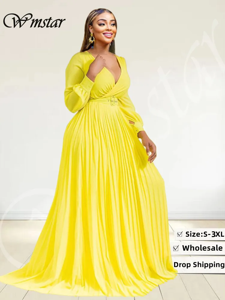 

Wmstar Dress Women with Belt Party Sexy Fall Clothes Solid Long Sleeve V Neck Elegant Mini Dresses Wholesale Dropshipping S-3XL