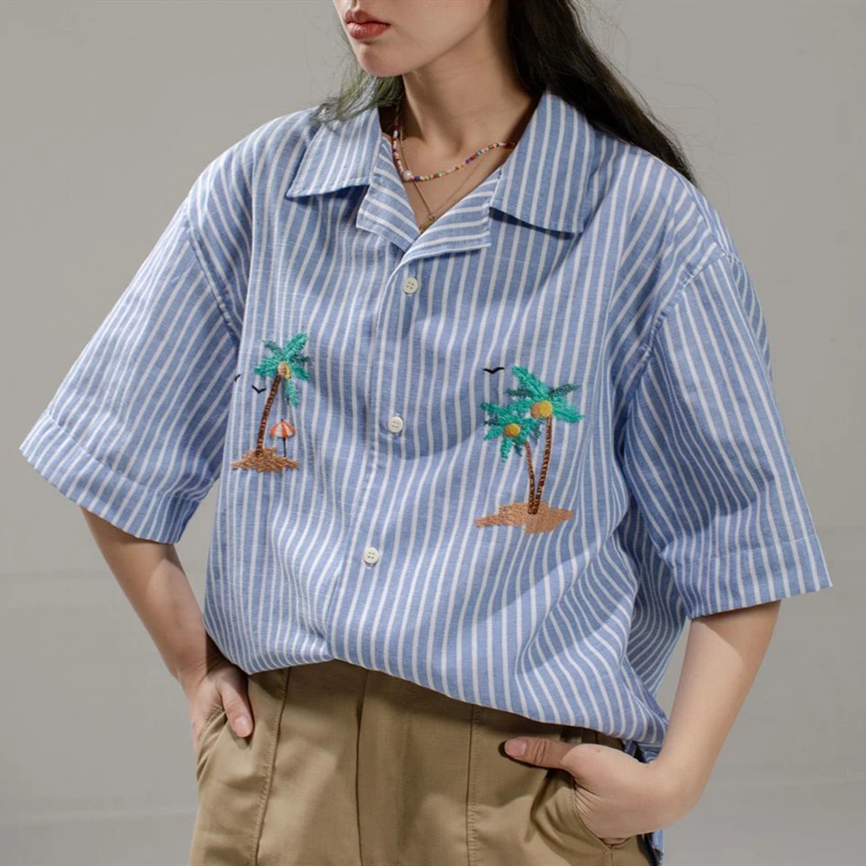 High Quality Embroidery Cute Striped Beach Shirts Blouse Men Women Loose Casual Short Sleeve Tops 2022 Summer Harajuku Clothing