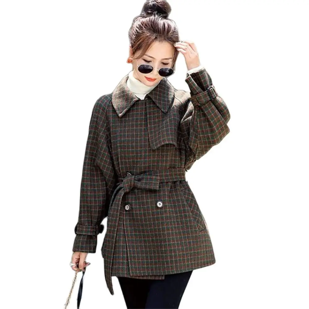 

2023 Autumn Clothing Winter Woolen Coat Houndstooth Suit Woolen Overcoat Women With Cotton Tops Cloak Loose Mid-Length Outerwear